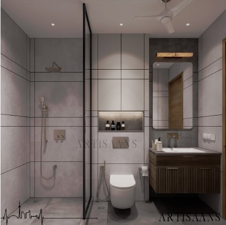 Designer en-suite bathroom at Queen House girls PG Delhi