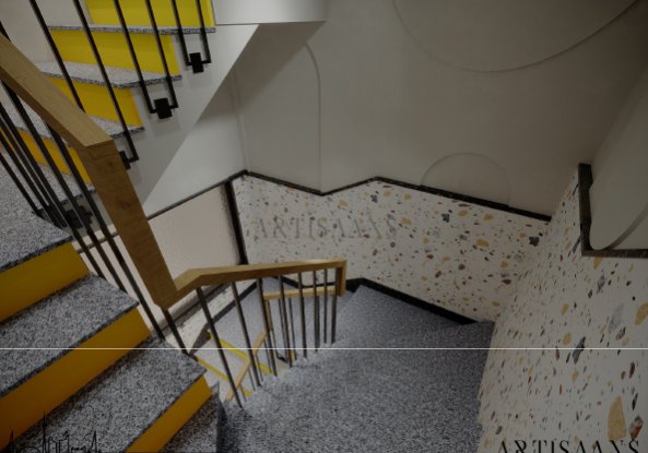 Terrazzo staircase at Queen House luxury girls residence
